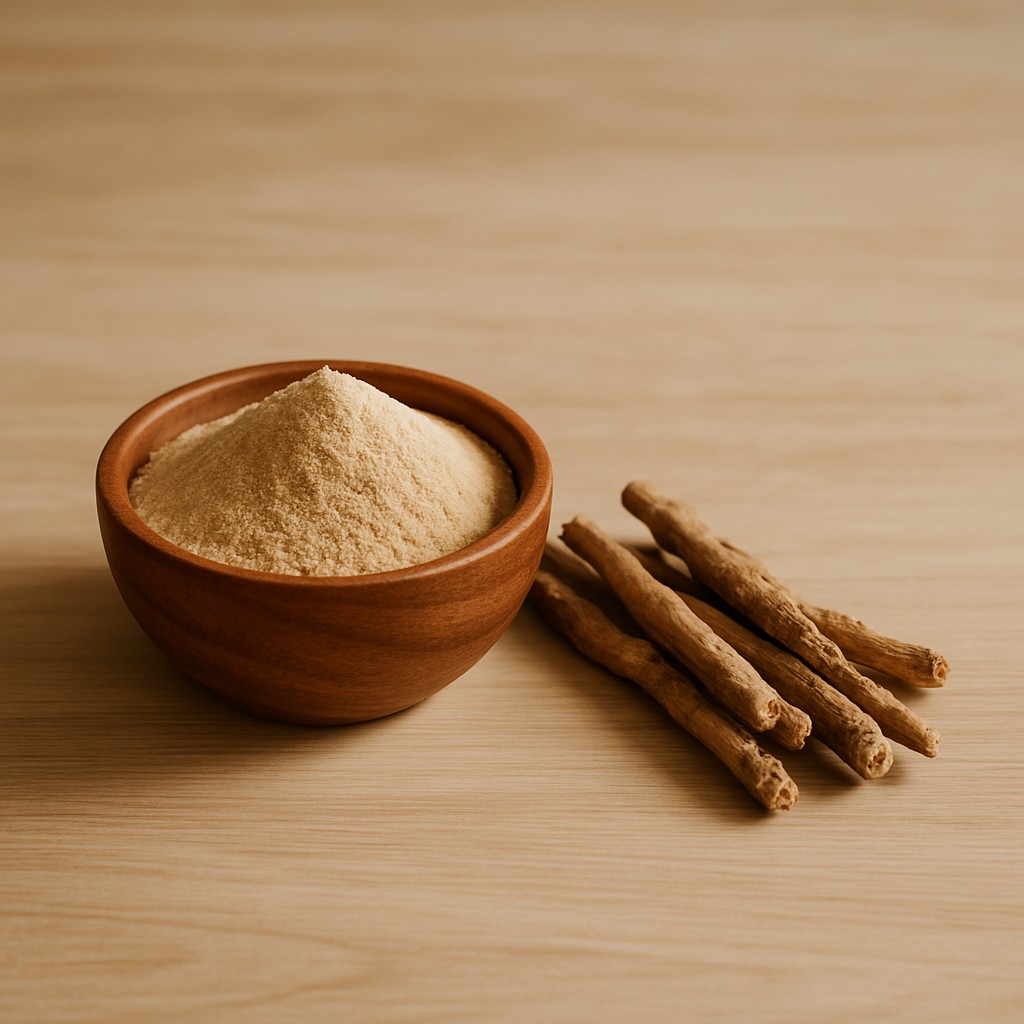 Ashwagandha wanneer innemen - poeder en wortel op een houten ondergrond