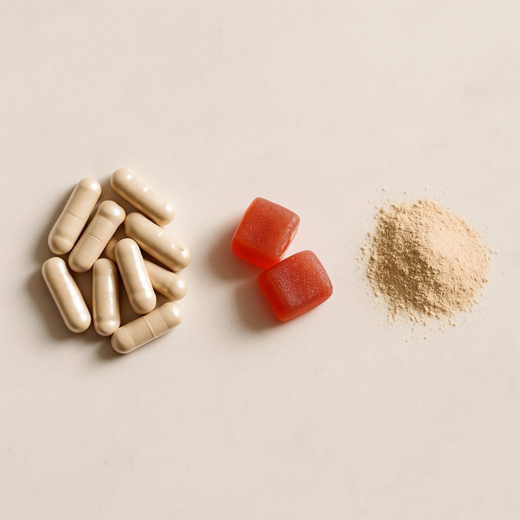 Verschillende vormen van ashwagandha: capsules, gummies en poeder