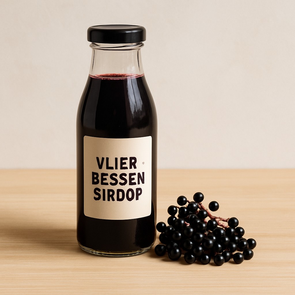 Vlierbessensiroop in een fles met bessen